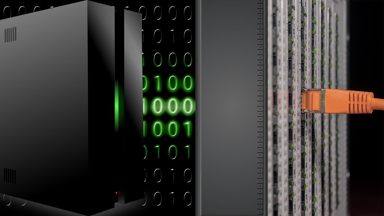 A server and an orange network cable with streaming binary data