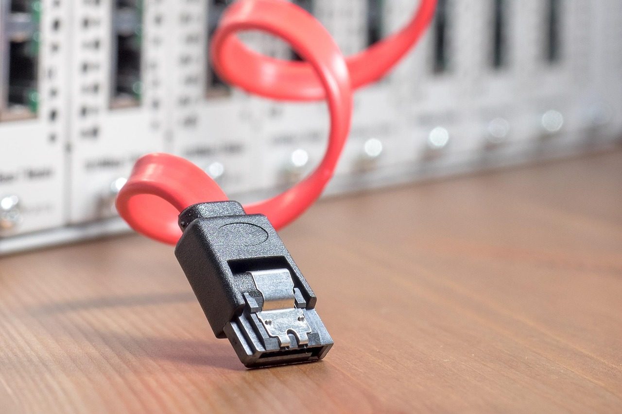 Un câble de données connecté à du matériel serveur