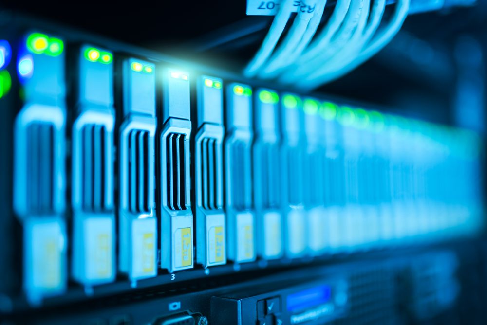 A server rack with glowing status lights in a data centre
